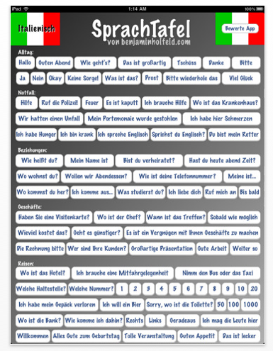 Screenshot italienische Sprachtafel für das iPad