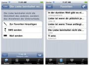Recht einfach gestaltet wartet die App Liebe mit über 500 Sprüchen zum Thema Liebe auf,m die man per Mail oder als SMS versenden kann.