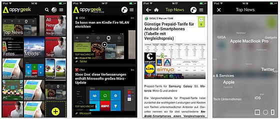Auf iPhone und Android Smartphone zeigt Appy Geek die Nachrichten mit einem Daumen steuerbar an. Mit der App auf dem iPhone gibt es keine langweiligen Wartezeiten mehr.... 